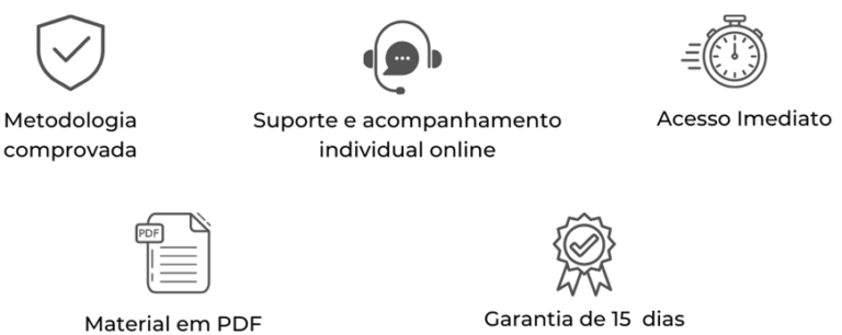 Metodologia comprovada, Suporte e acompanhamento individual online, Acesso Imediato, Material em PDF, Garantia de 15 dias
