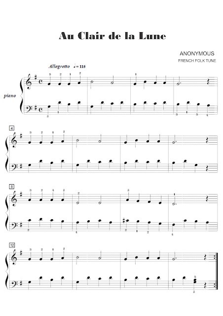 Exemplo de partitura tradicional - Au Clair de la Lune